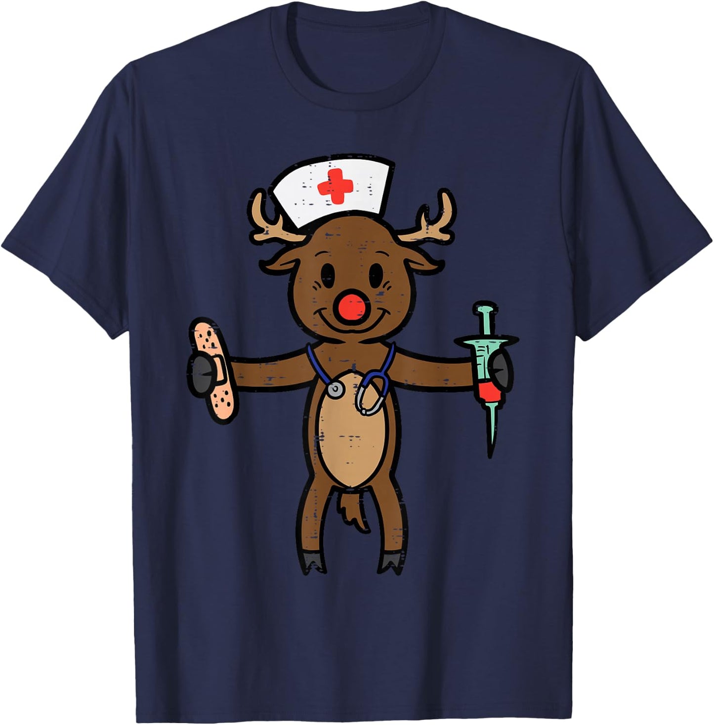 Christmas Nurse Reindeer Funny Xmas Nursing Scrub Top Women T-Shirt - T-Shirt | Navy