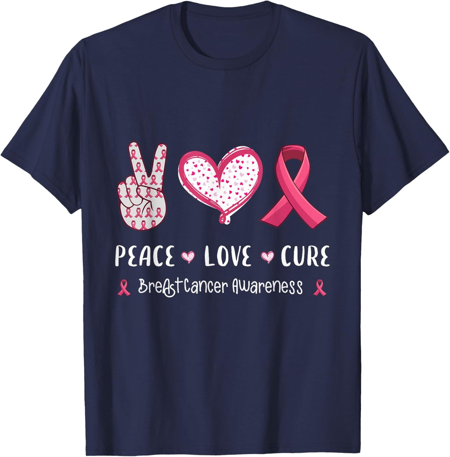 Peace Love cure breast cancer awareness women kids men T-Shirt - T-Shirt | Navy