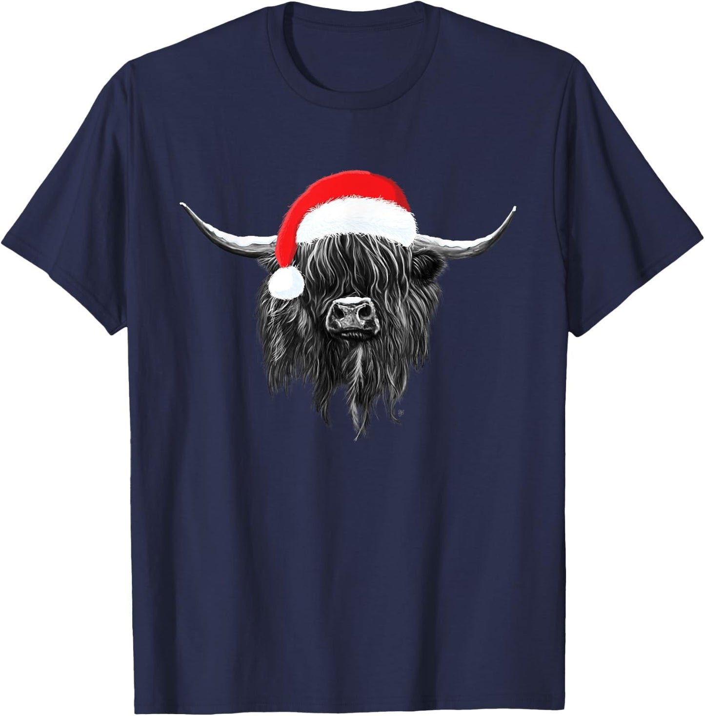 Scottish Highland Cow Christmas Santa Hat T-Shirt - T-Shirt | Navy