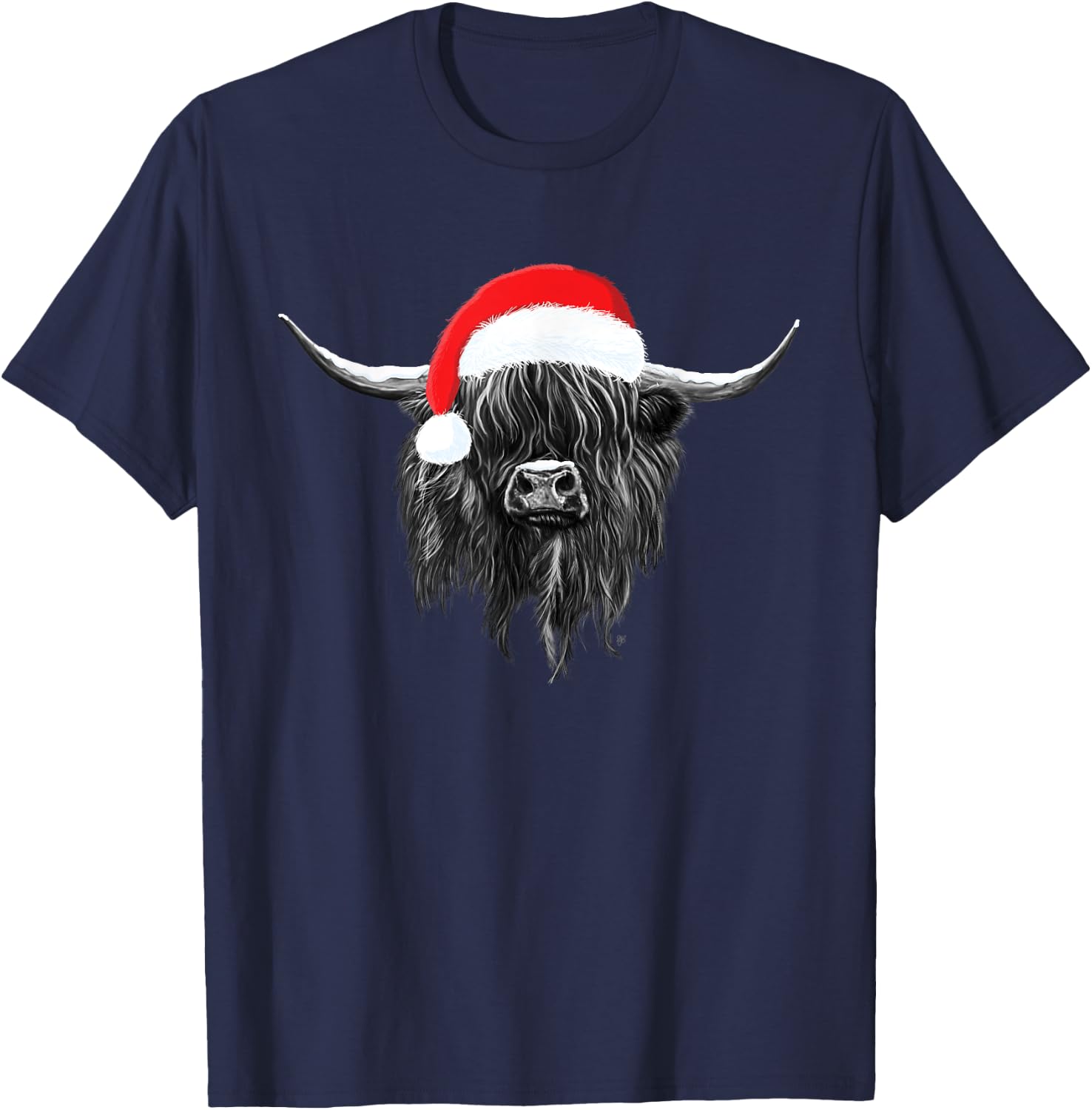 Scottish Highland Cow Christmas Santa Hat T-Shirt - T-Shirt | Navy