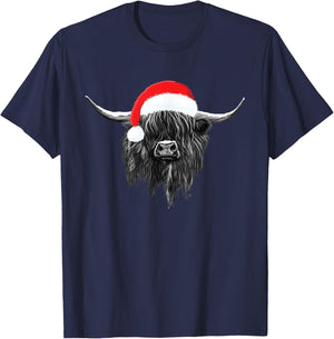 Scottish Highland Cow Christmas Santa Hat T-Shirt - T-Shirt | Navy