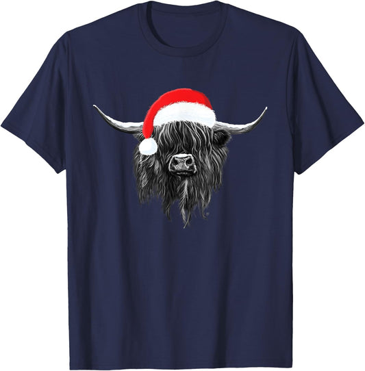 Scottish Highland Cow Christmas Santa Hat T-Shirt - T-Shirt | Navy