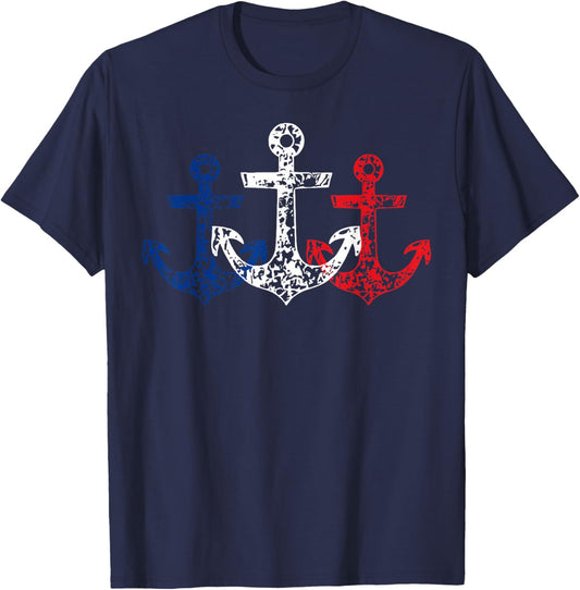 Retro Red White Blue Boat Anchor Patriotic 4th Of July T-Shirt - T-Shirt | Navy