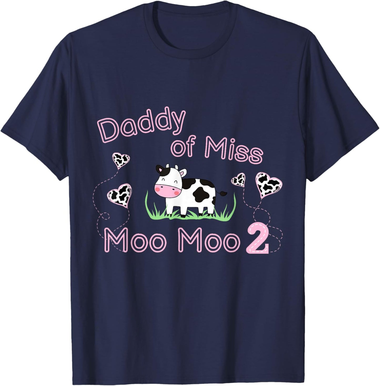 Girl Second Birthday Party Pink Cow Daddy Moo I'm Two Animal T-Shirt - T-Shirt | Navy