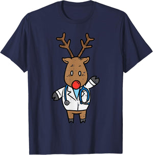Reindeer Doctor Nurse Stethoscope Medical Christmas PJ T-Shirt - T-Shirt | Navy