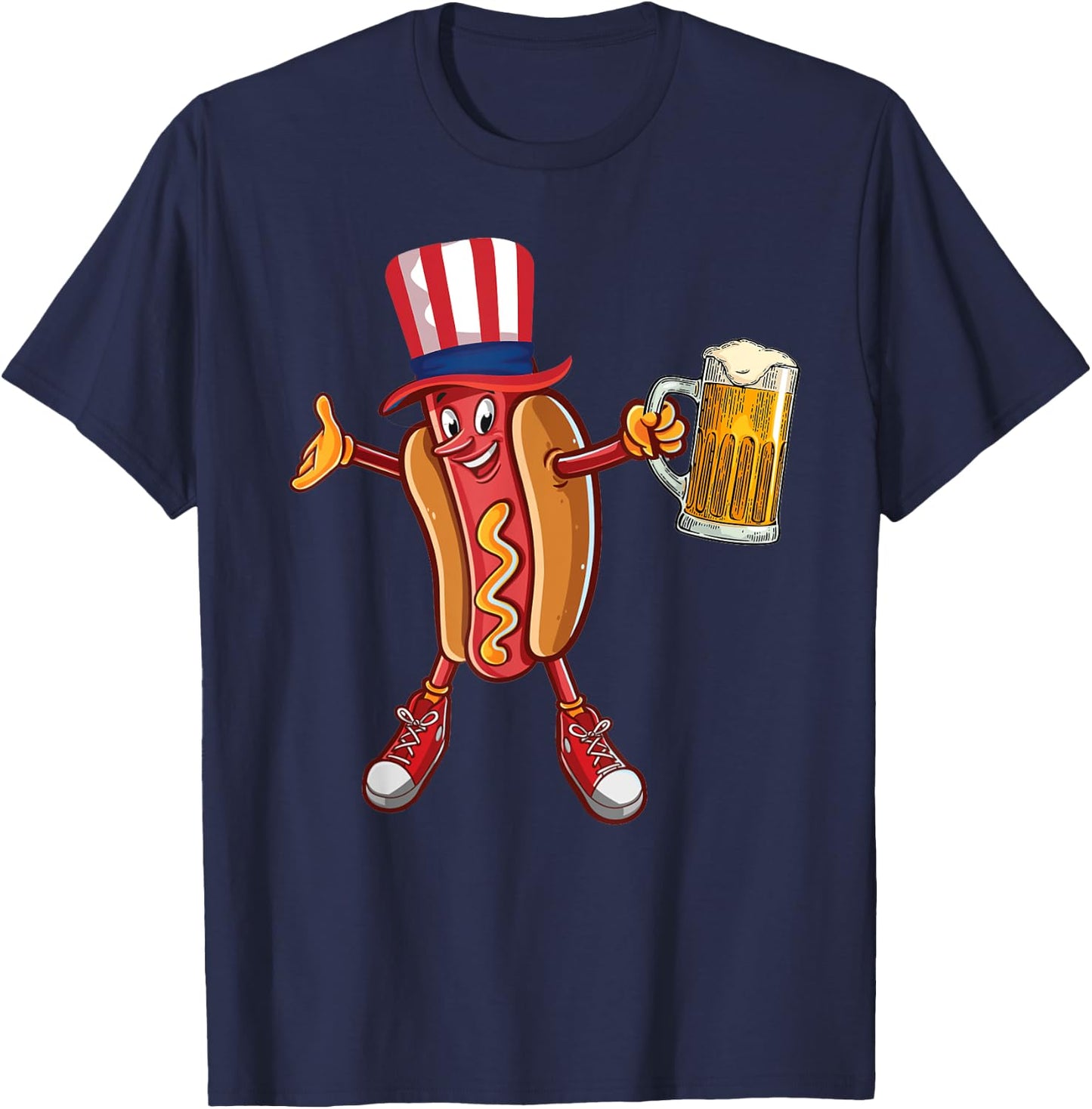 Funny Hot dog US Flag Hat Drinking Beer for 4th of July gift T-Shirt - T-Shirt | Navy
