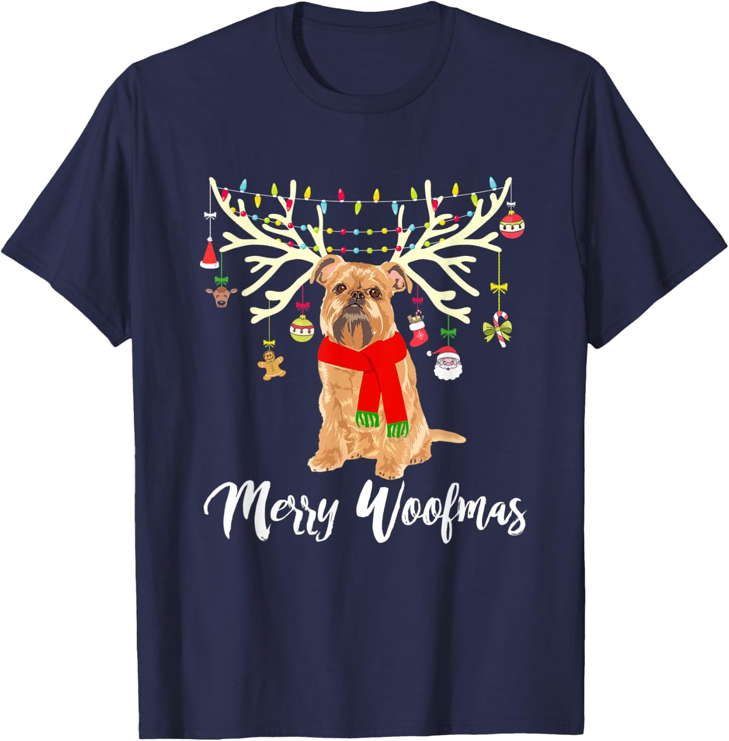 Merry Woofmas Brussels Griffon Reindeer Christmas Dog T-Shirt - T-Shirt | Navy