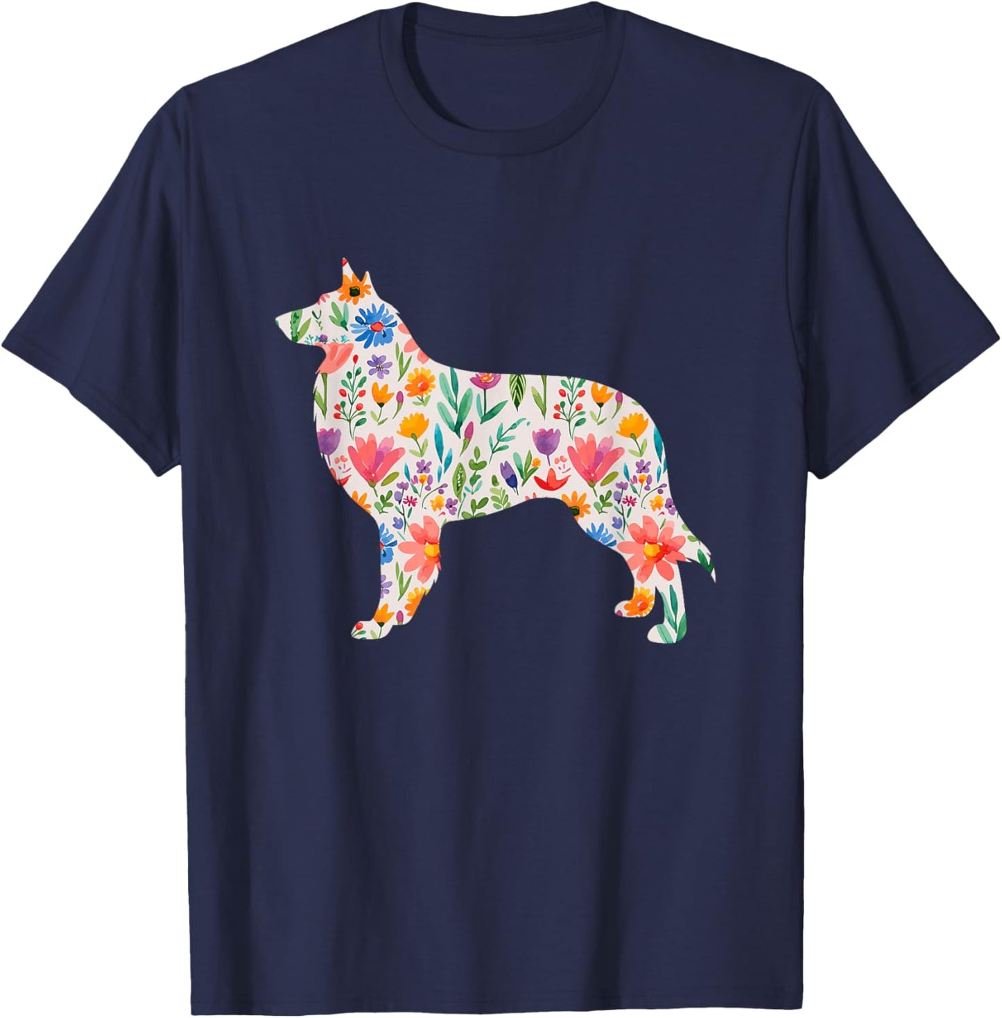 Belgian Sheepdog watercolor flowers design T-Shirt - T-Shirt | Navy