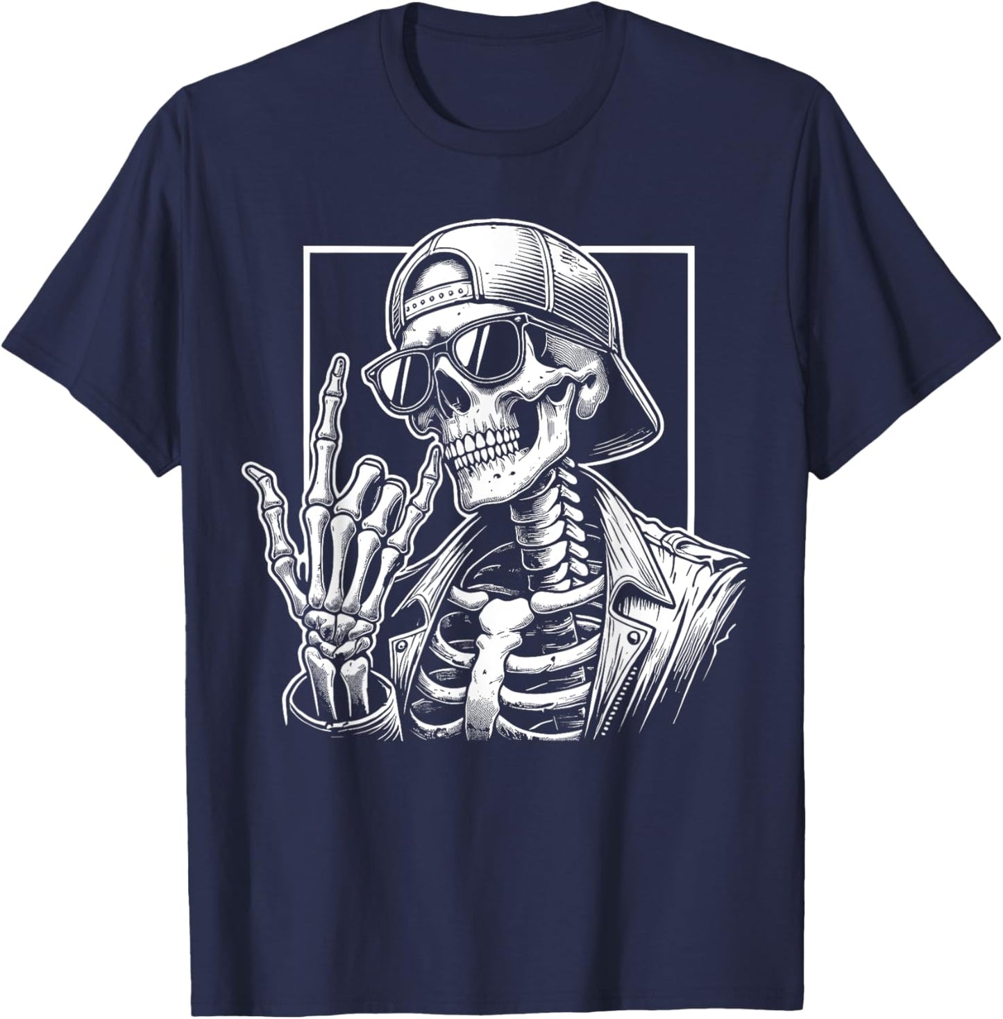 Skeleton Rock Hand Halloween Costume Rocker Cool Rock Music T-Shirt - T-Shirt | Navy