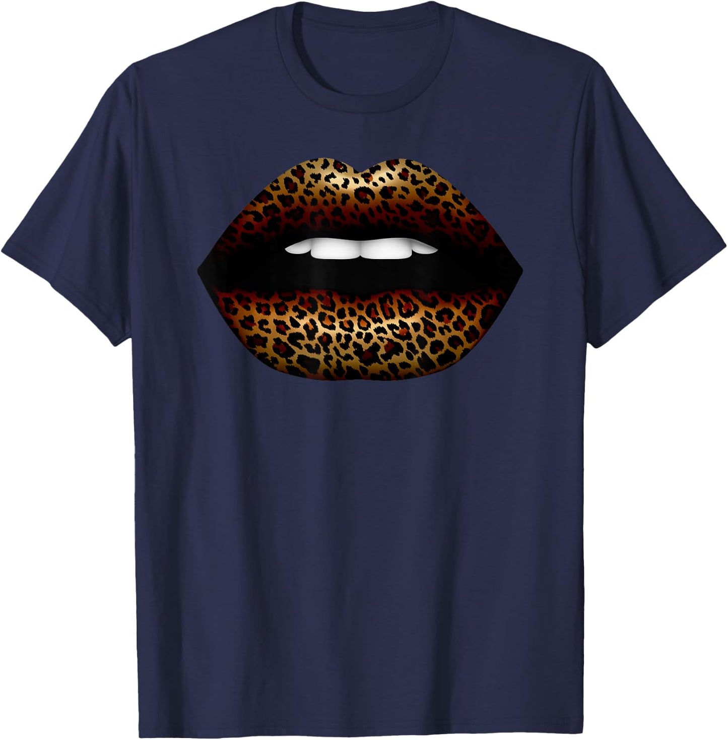 Fashion Leopard Cheetah Sexy Lips Print Clip Art Kiss Me T-Shirt - T-Shirt | Navy