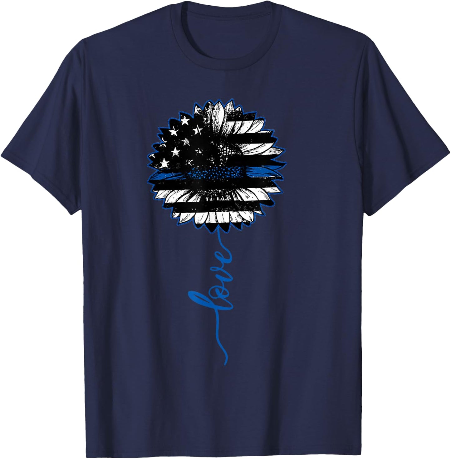 Love Thin Blue Line Sunflower T-Shirt - T-Shirt | Navy