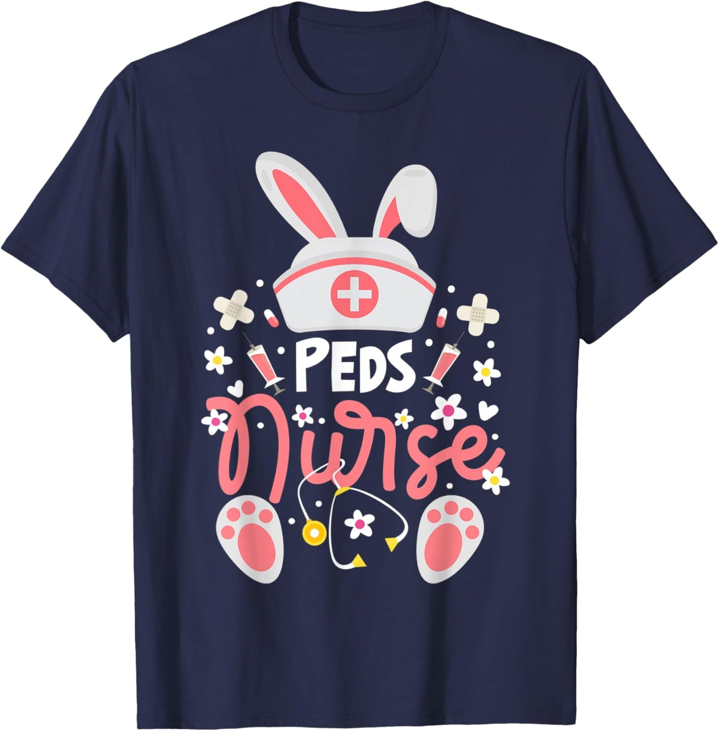 Bunny PEDS Nurse Cute Bunny Ears Hat Nurse Pediatric Nurse T-Shirt - T-Shirt | Navy