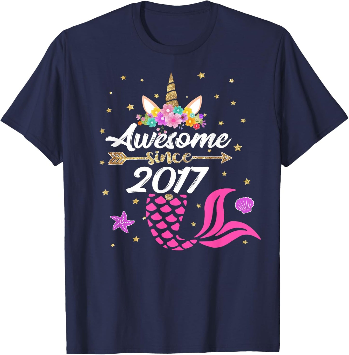 Unicorn Shirt Mermaid Birthday - Awesome Since 2017 Gift T-Shirt - T-Shirt | Navy