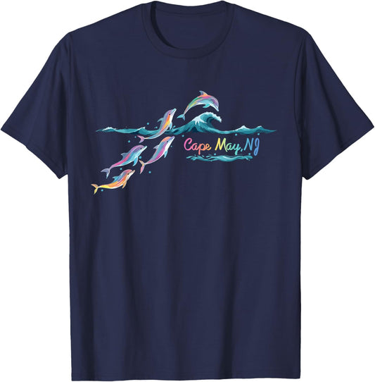 Cape May NJ Colorful Dolphin Lover Beach Vacation T-Shirt - T-Shirt | Navy
