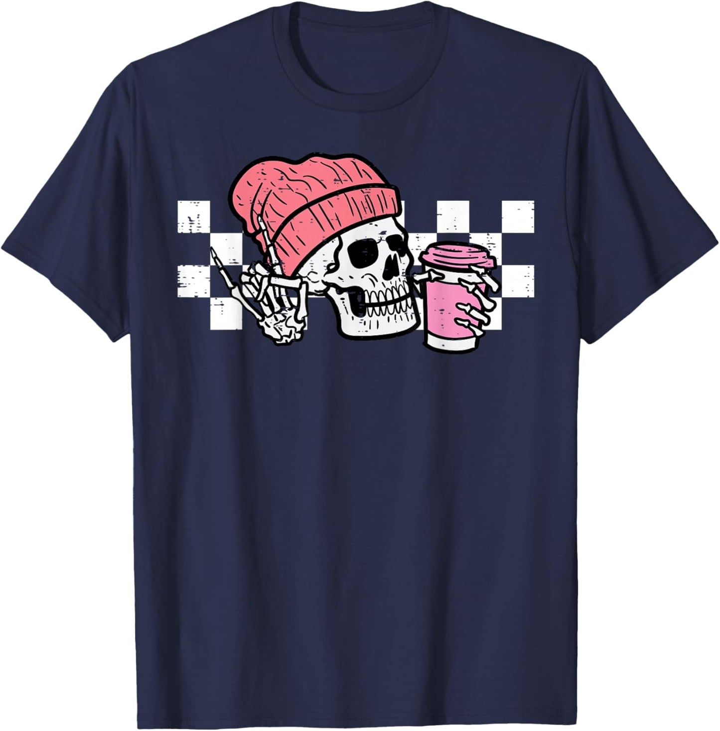 Halloween Skeleton Pink Coffee Retro Costume Women Men Kids T-Shirt - T-Shirt | Navy