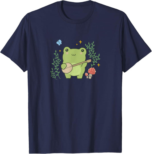 Kawaii Cottagecore Cute Frog Banjo Butterfly T-Shirt - T-Shirt | Navy