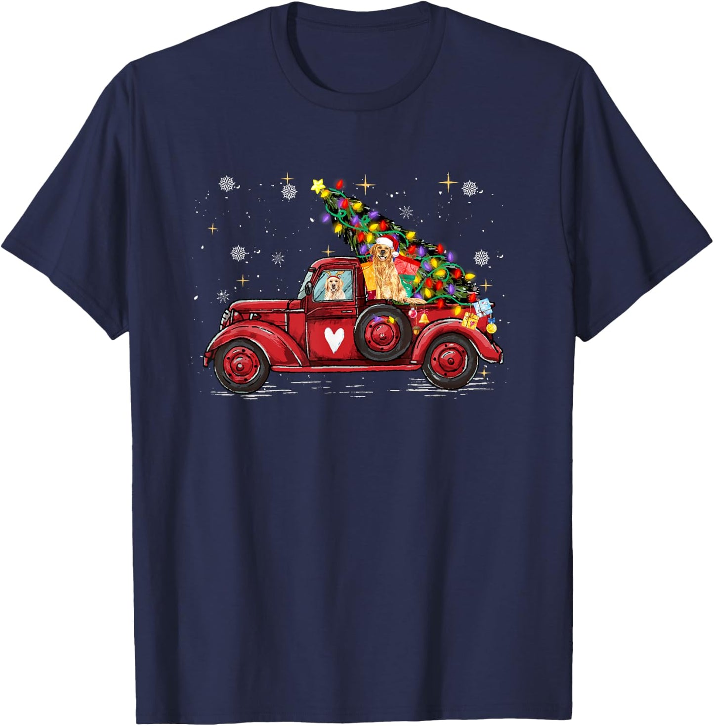 Golden Retriever Dog Love Red Pickup Truck Christmas Men Women Kids T-Shirt - T-Shirt | Navy
