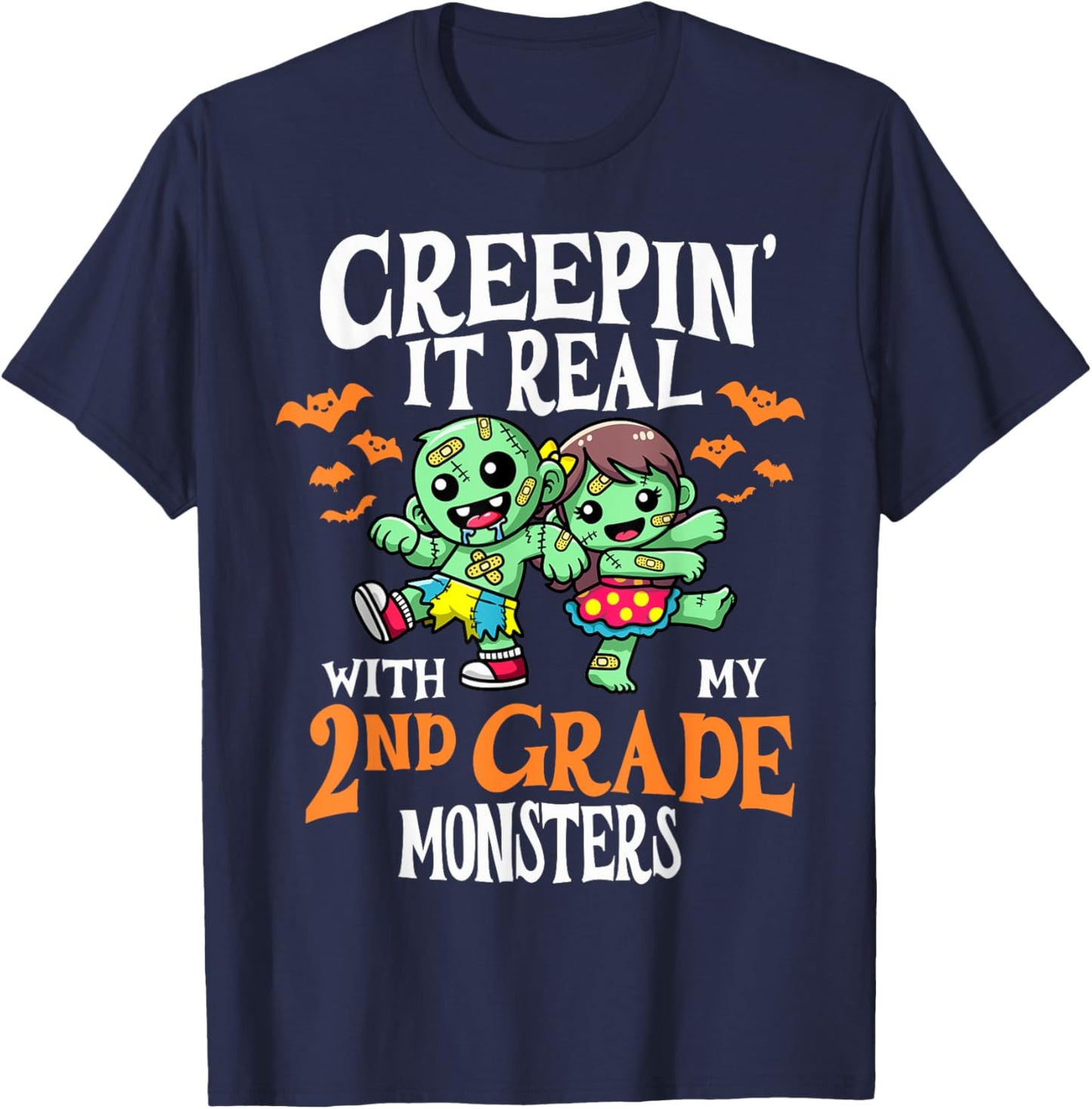 Creepin It Real Monster School 2nd Grade Teacher Halloween T-Shirt - T-Shirt | Navy