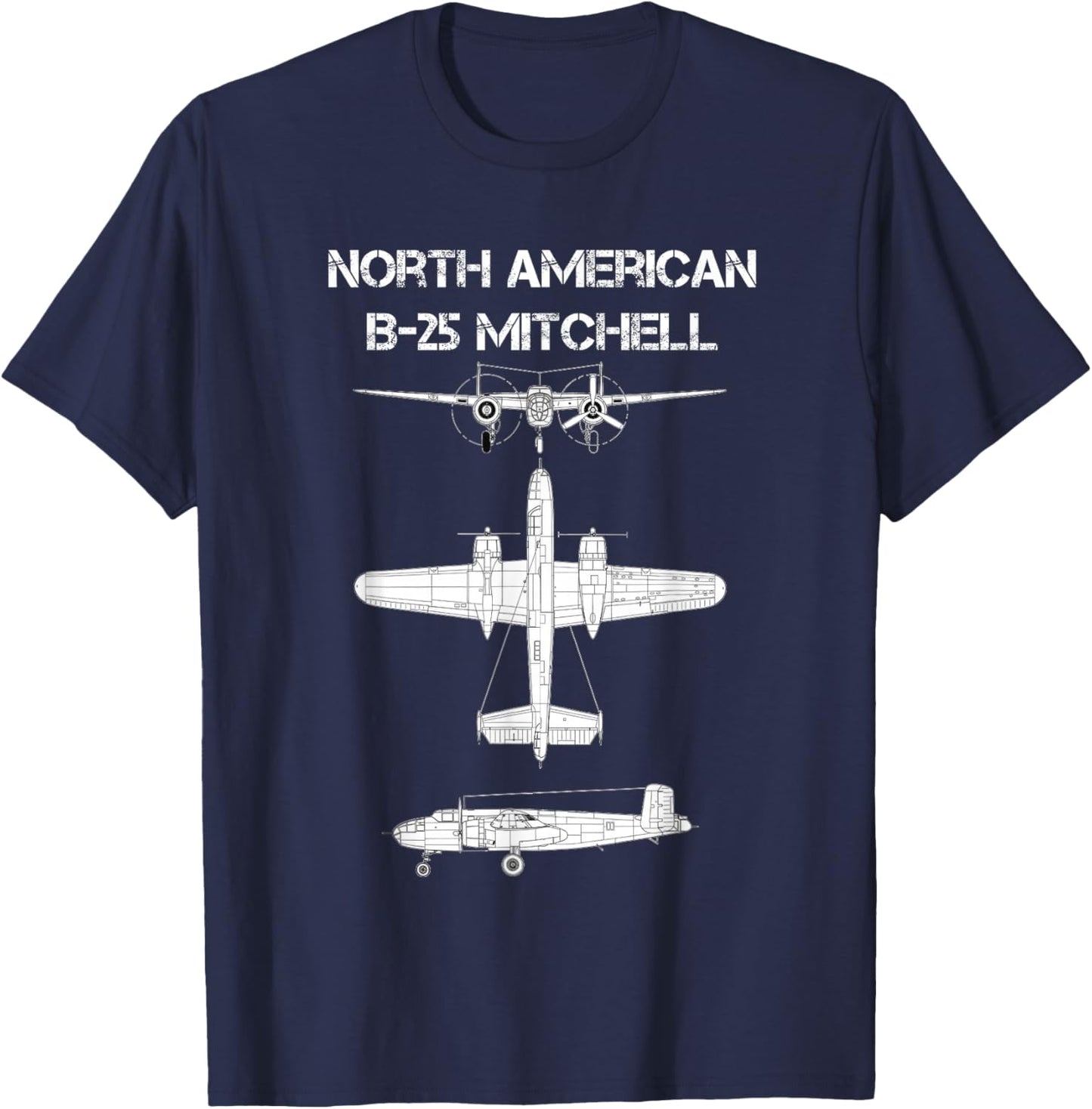 North American B-25 Mitchell WW2 Bomber Airplane Blueprint T-Shirt - T-Shirt | Navy