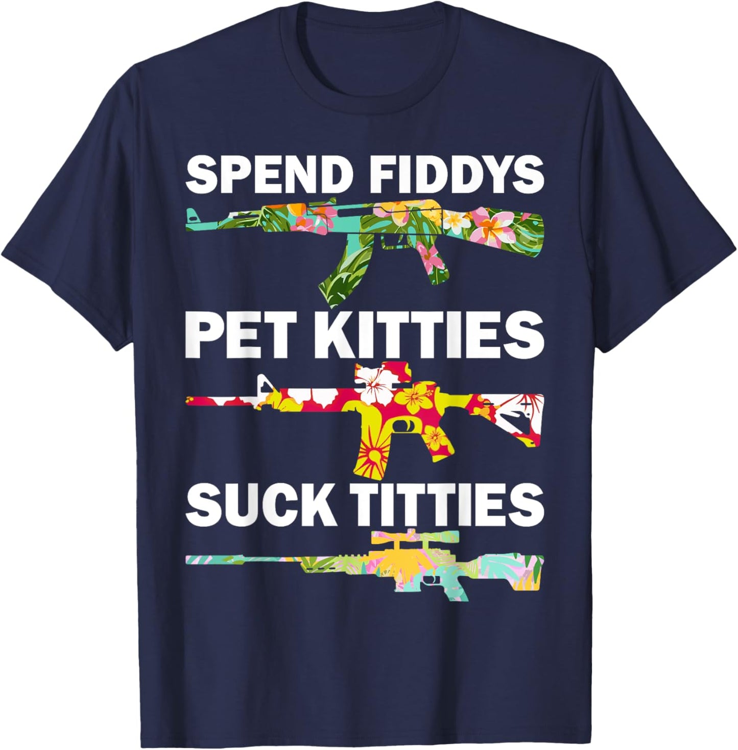 Spend Fiddies Pet Kitties Tropical Gun Lover Beach Hawaiian Women T-Shirt - T-Shirt | Navy