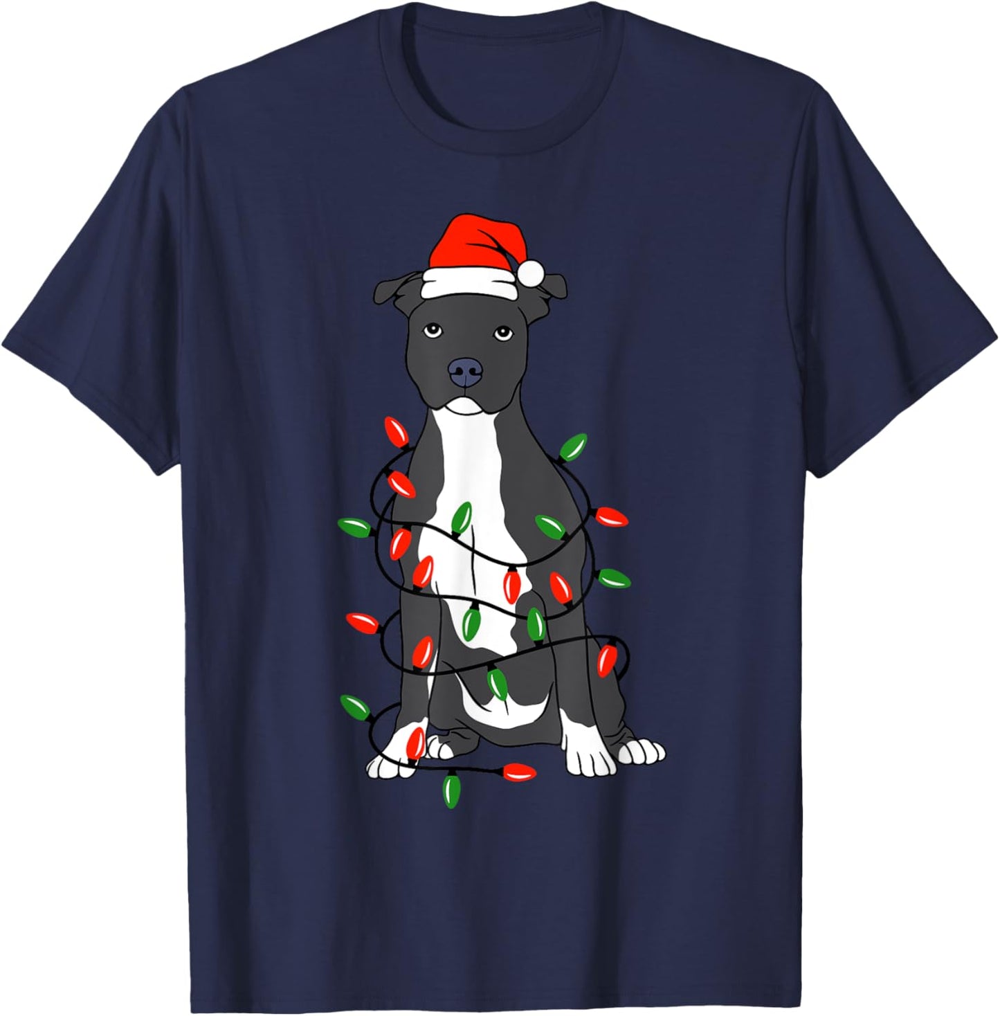 Pittie Pitbull Christmas Santa Hat Lights Xmas Dog Lover T-Shirt - T-Shirt | Navy
