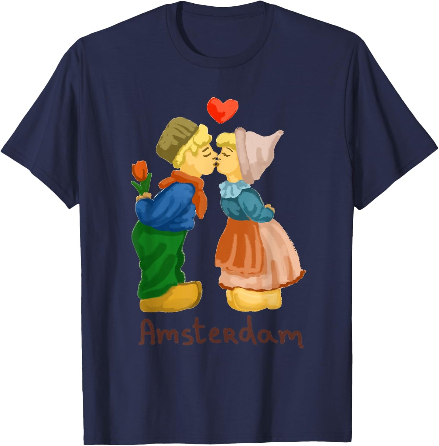 Amsterdam Boy Girl Kiss Love Heart Tulip Holland Netherlands T-Shirt - T-Shirt | Navy
