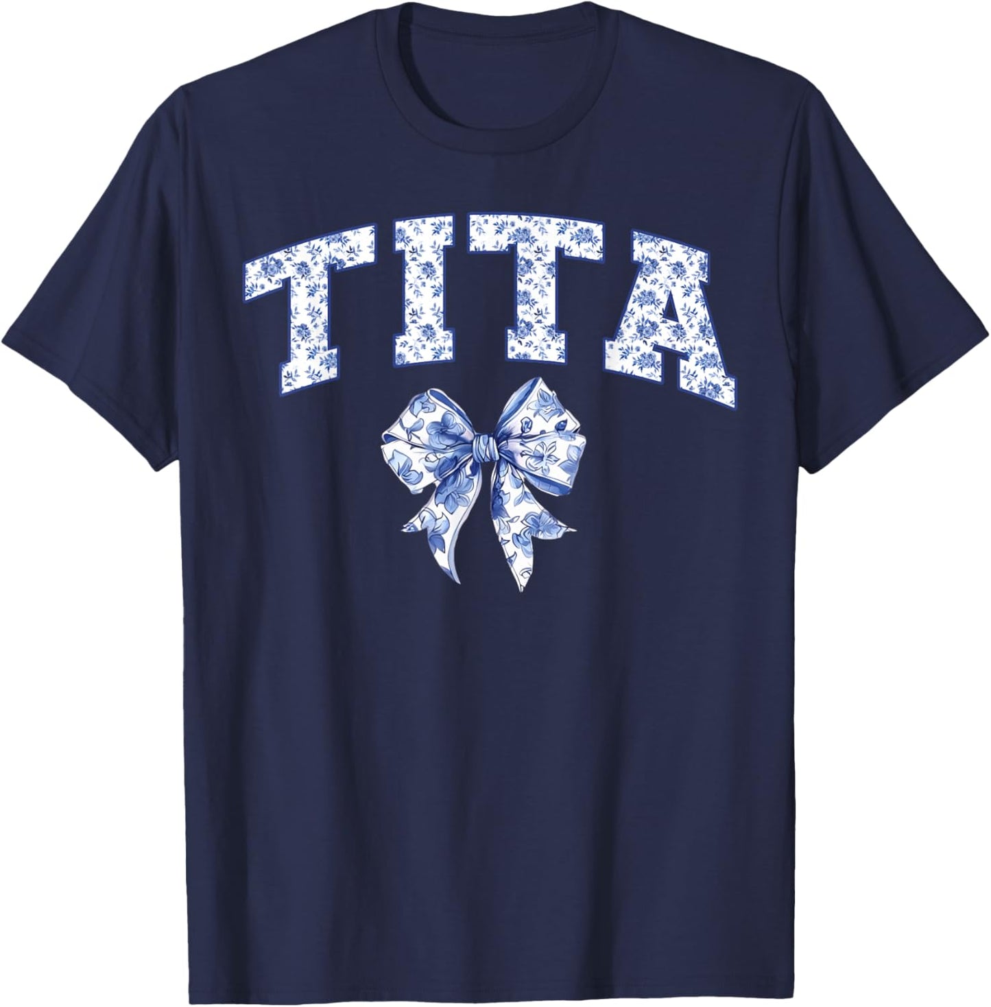 Tita Coquette Toile Blue Bow Floral Family Matching T-Shirt - T-Shirt | Navy