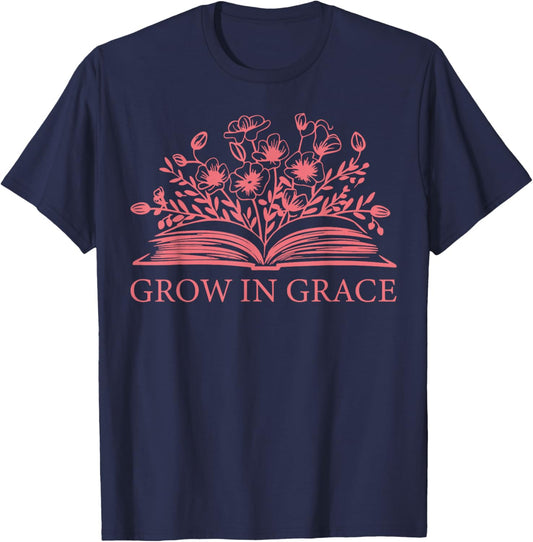 Retro Grow In Grace Wildflower Book Christian Bible Verse T-Shirt - T-Shirt | Navy