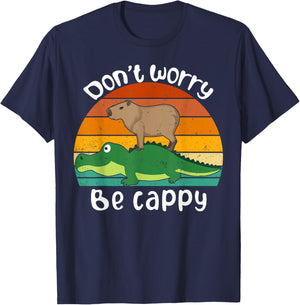 Retro Funny Motivational Capybara Lovers Don't Worry Be Cappy Funny Capybara Riding On A Crocodile -Children & Animal Lovers T-Shirt - T-Shirt | Navy
