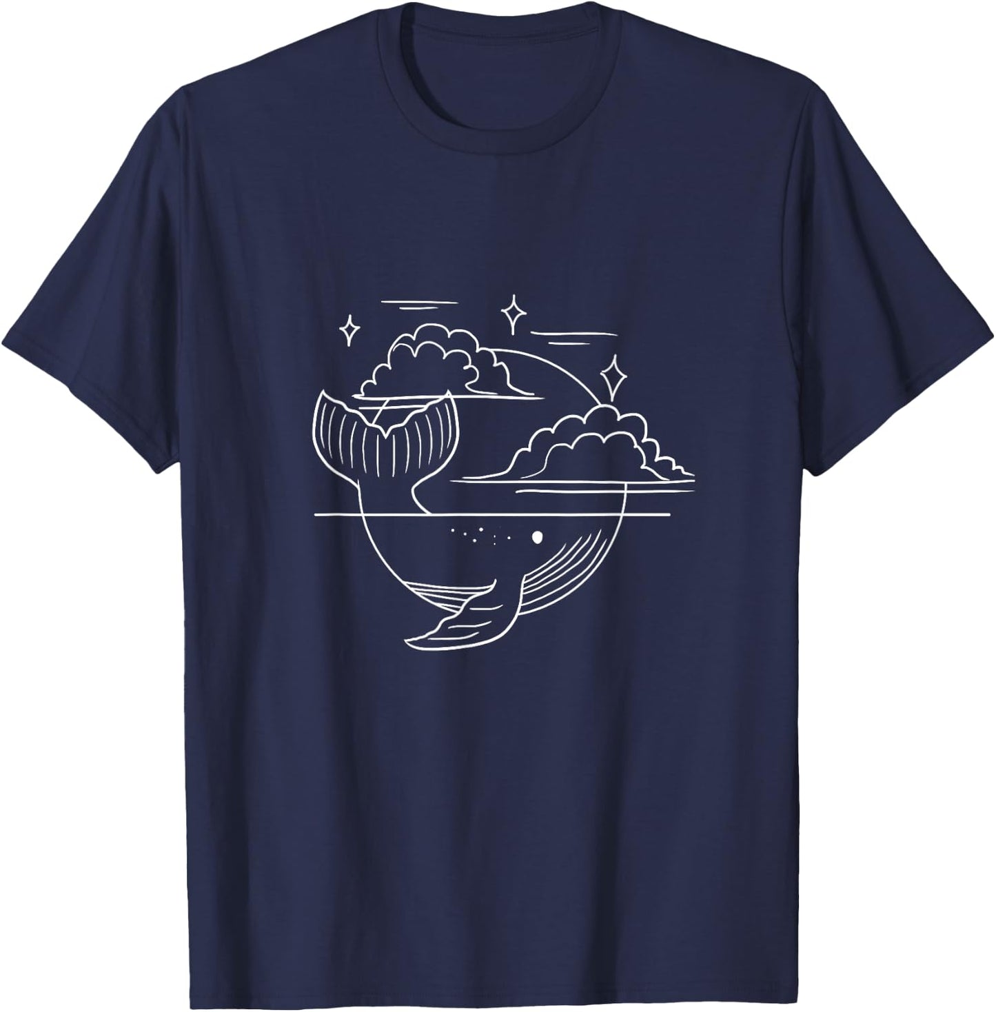 Whale Moon Clouds Minimal Sea Animal Nature Line Art Gift T-Shirt - T-Shirt | Navy