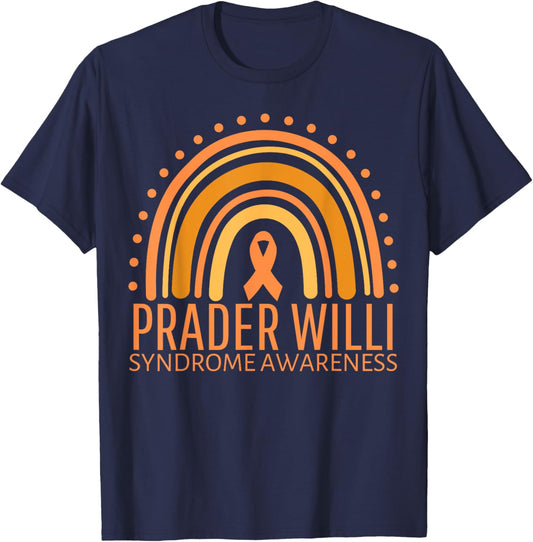 Prader Willi Syndrome Awareness Month Rainbow Orange Ribbon T-Shirt - T-Shirt | Navy