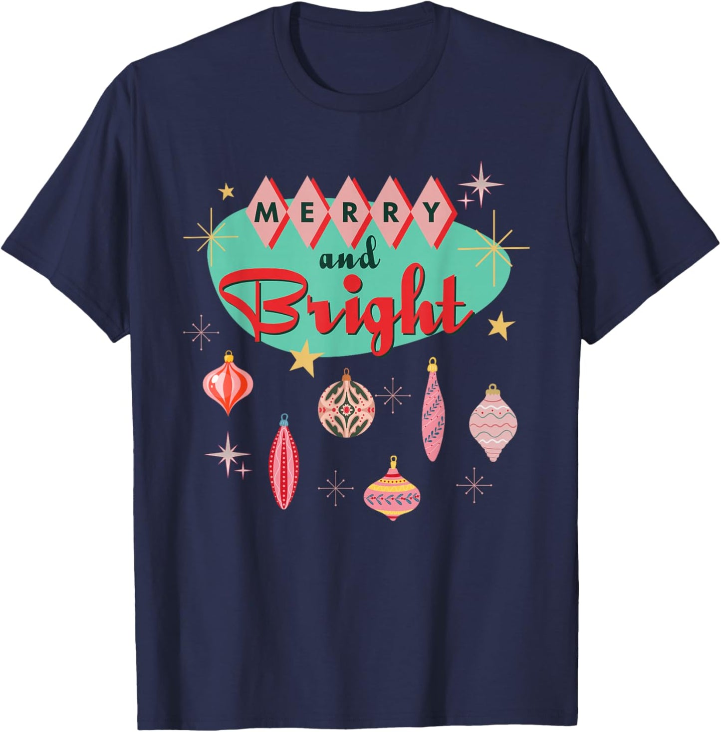 Retro Merry and Bright Mid-Century Modern Christmas Ornament T-Shirt - T-Shirt | Navy