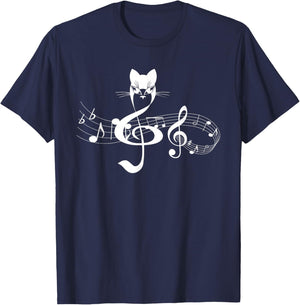 Music & Cats Lover Treble Clef Funny Cat Music Notes T-Shirt - T-Shirt | Navy