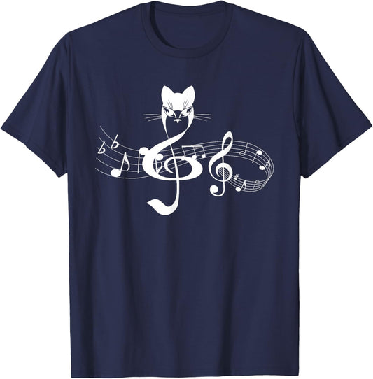 Music & Cats Lover Treble Clef Funny Cat Music Notes T-Shirt - T-Shirt | Navy