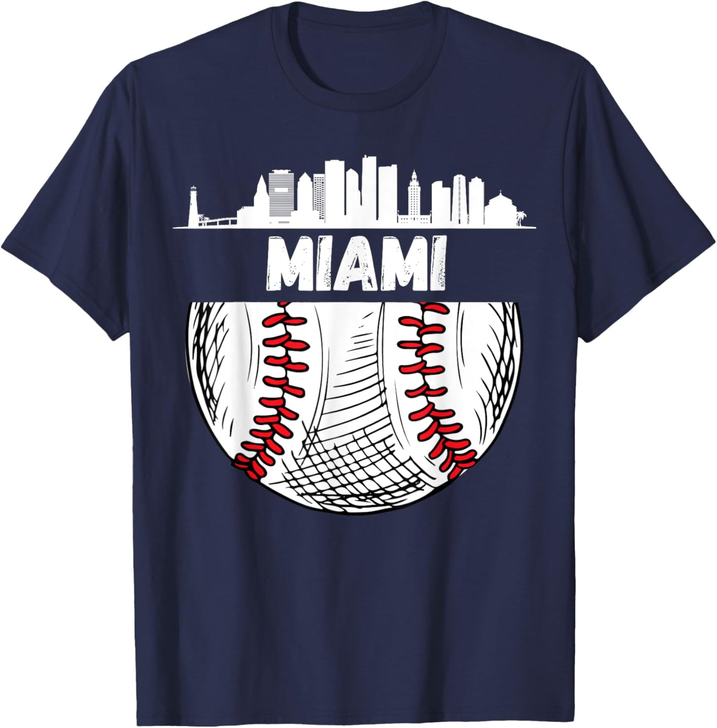 Vintage Miami Baseball Skyline Miami Baseball T-Shirt - T-Shirt | Navy