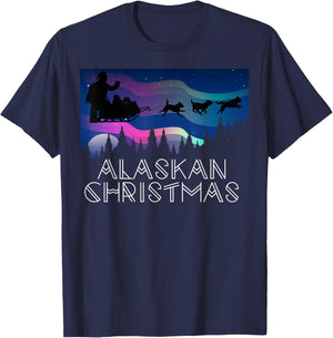 Alaskan Christmas Santa Dog Sled Aurora Borealis Women Kids T-Shirt - T-Shirt | Navy