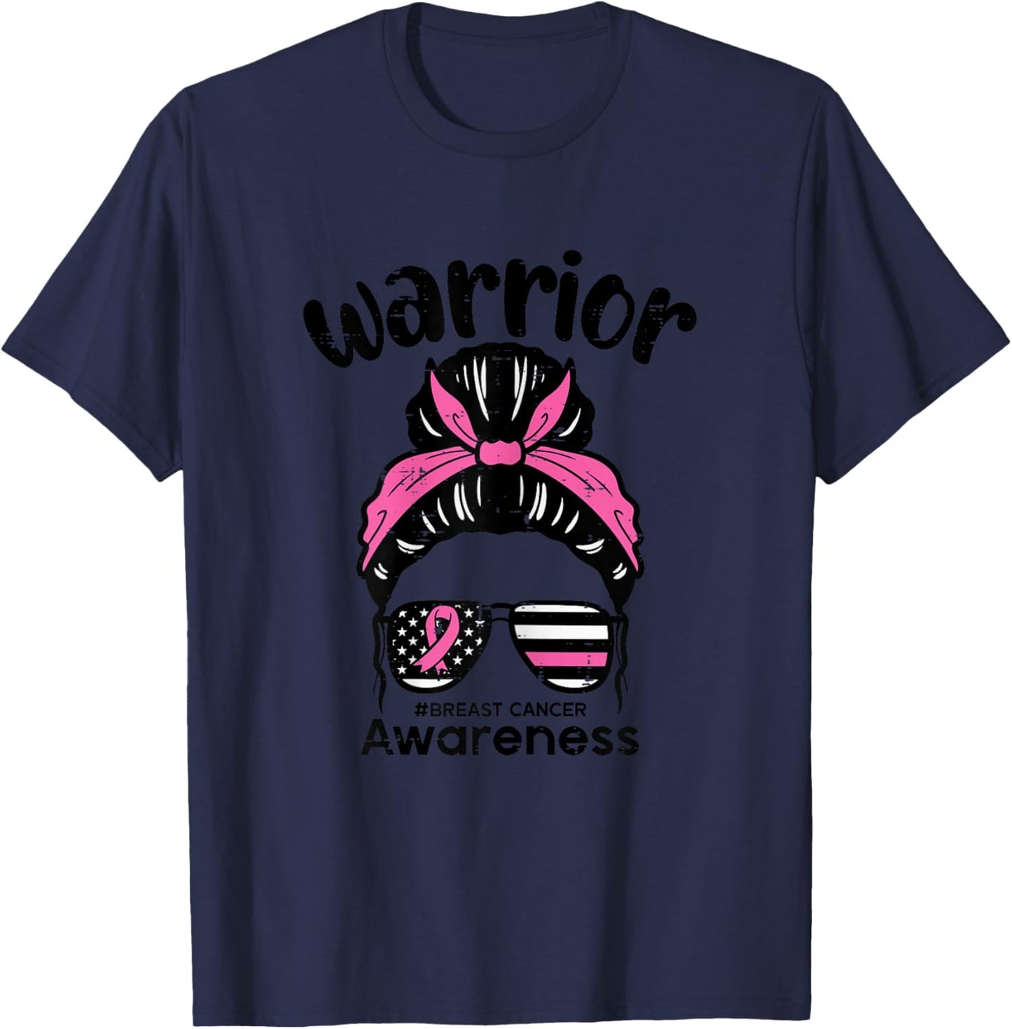 Breast Cancer Awareness Warrior Messy Bun Pink Ribbon Women T-Shirt - T-Shirt | Navy