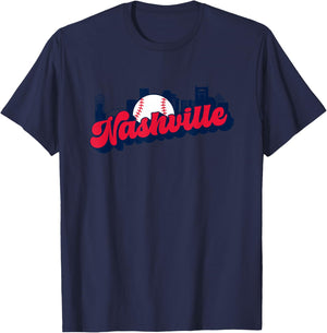 Nashville Baseball Vintage City Skyline Retro Baseball Lover T-Shirt - T-Shirt | Navy