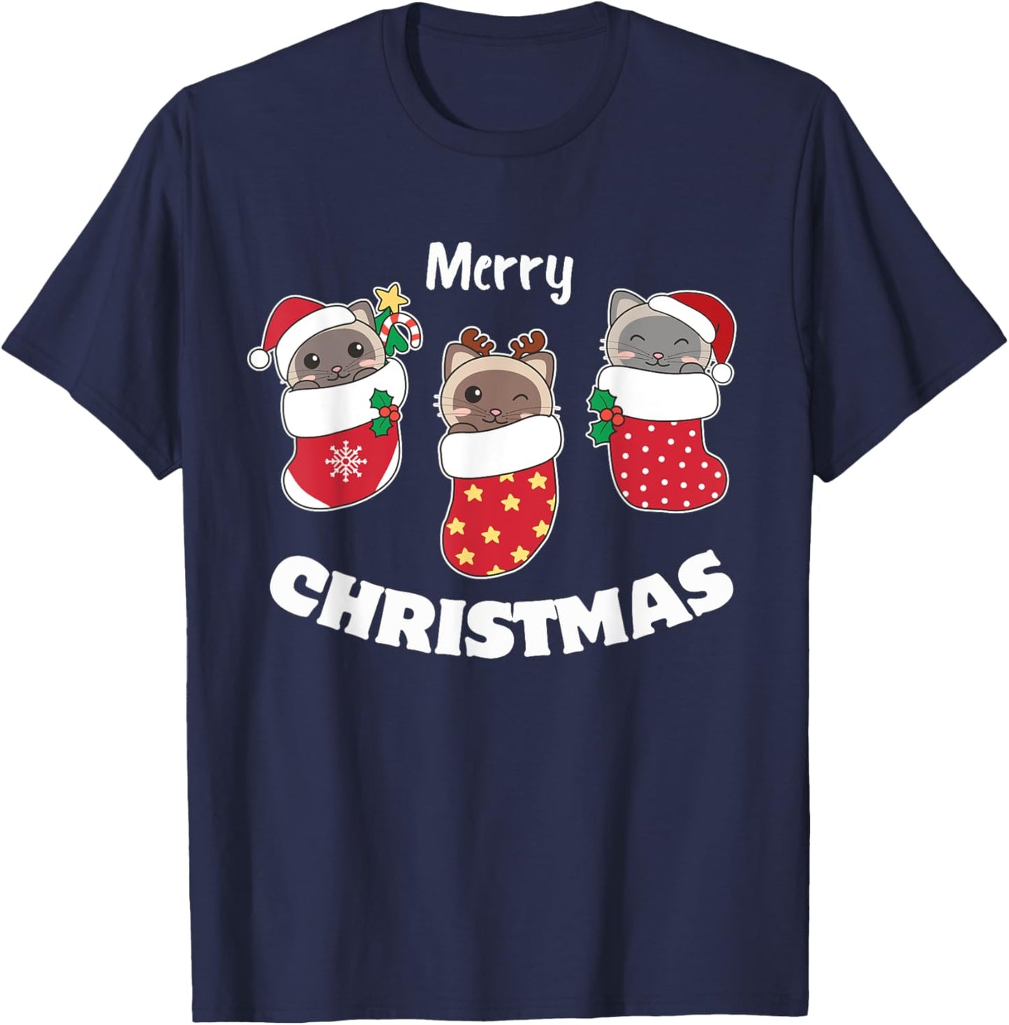 Cute Siamese Cats In Christmas Stockings For Christmas T-Shirt - T-Shirt | Navy