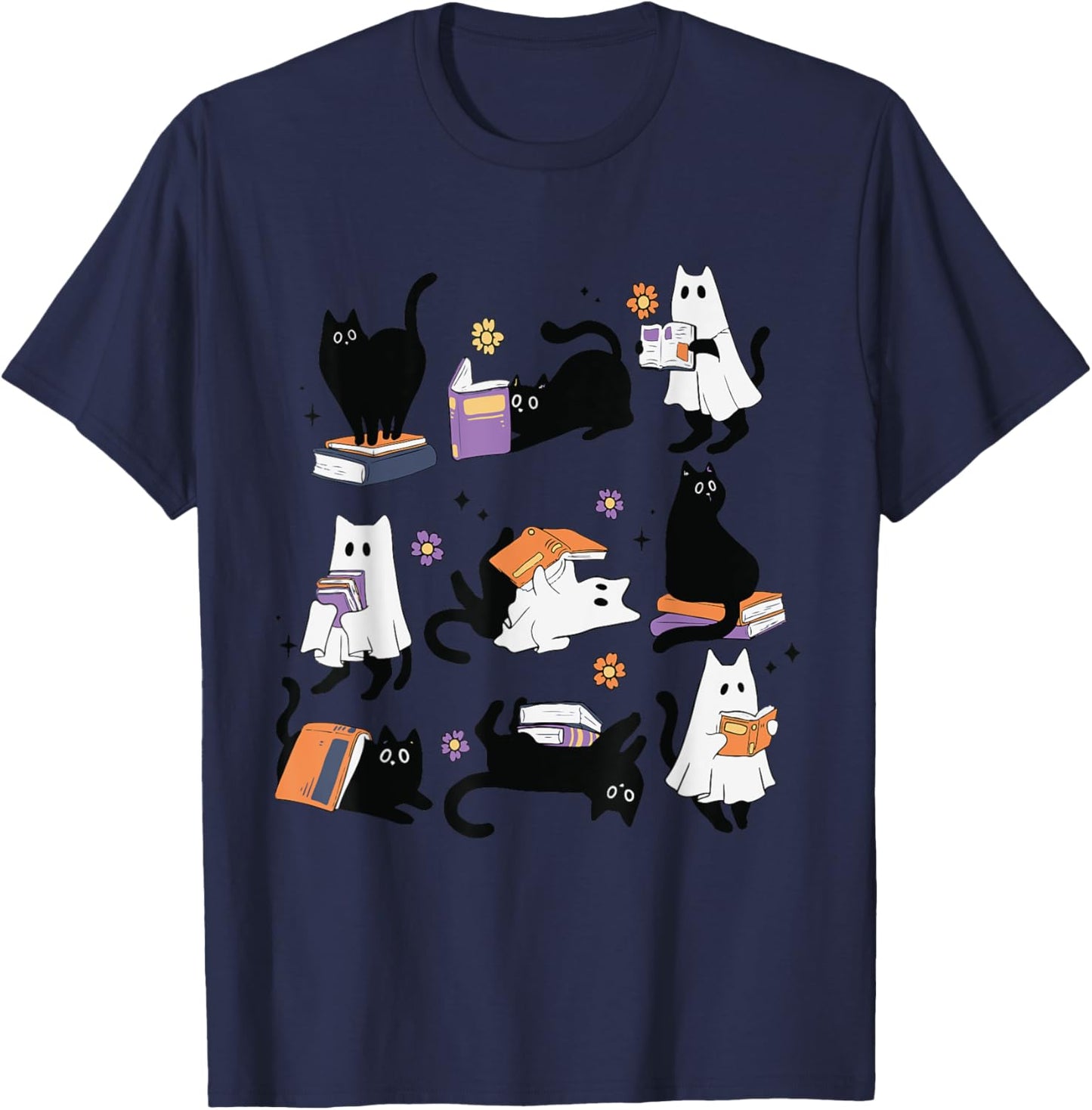 Halloween Ghost Black Cat Reading Book Costume Women Kids T-Shirt - T-Shirt | Navy