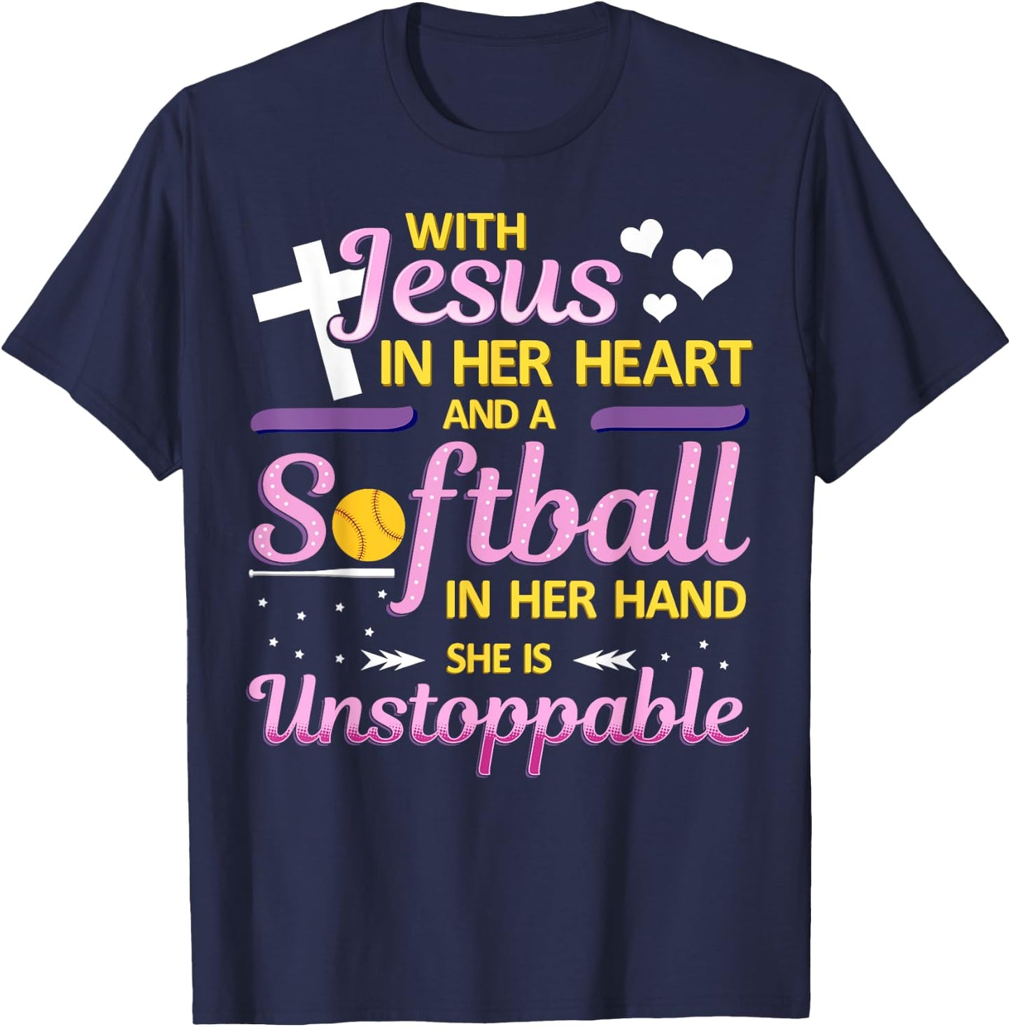 Jesus in Her Heart and Softball in Her Hand Christ Baseball T-Shirt - T-Shirt | Navy