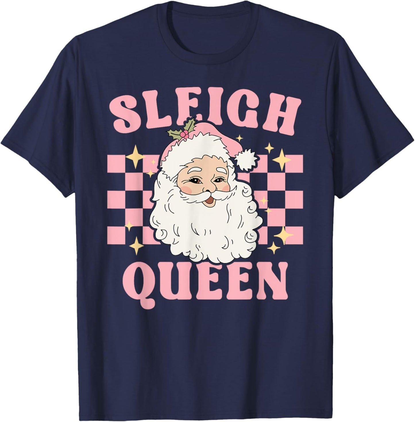 Groovy Vintage Pink Santa Cute Christmas Sleigh Queen T-Shirt - T-Shirt | Navy