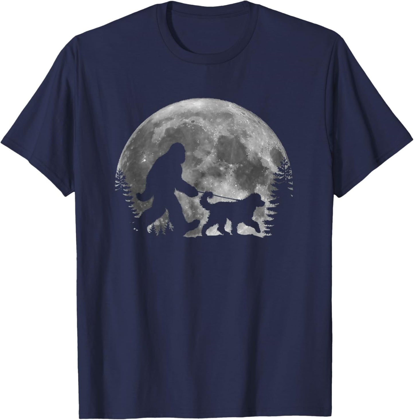 Bigfoot Walking a Dog Funny Bernedoodle Lover Moon Halloween T-Shirt - T-Shirt | Navy