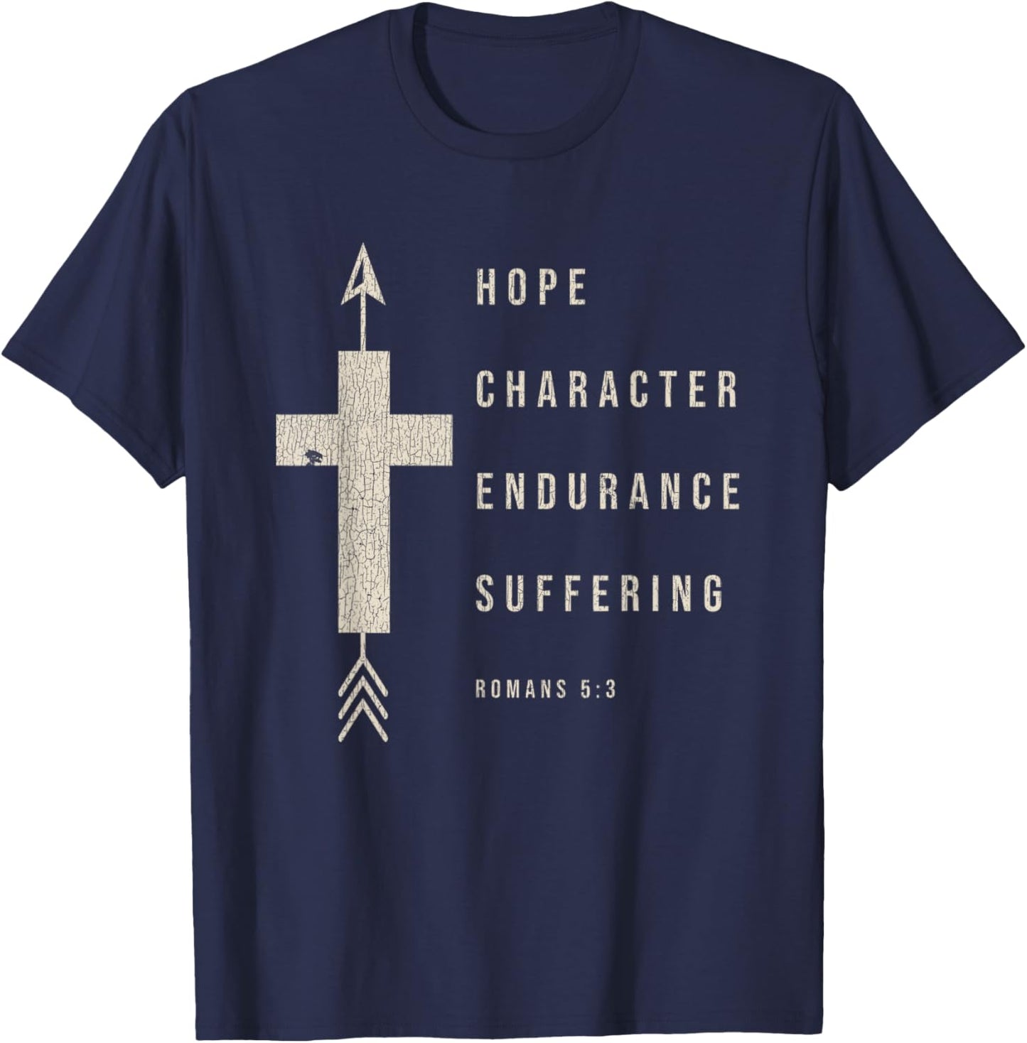 Vintage Hope Character Endurance Scripture Romans 5:3 Jesus T-Shirt - T-Shirt | Navy