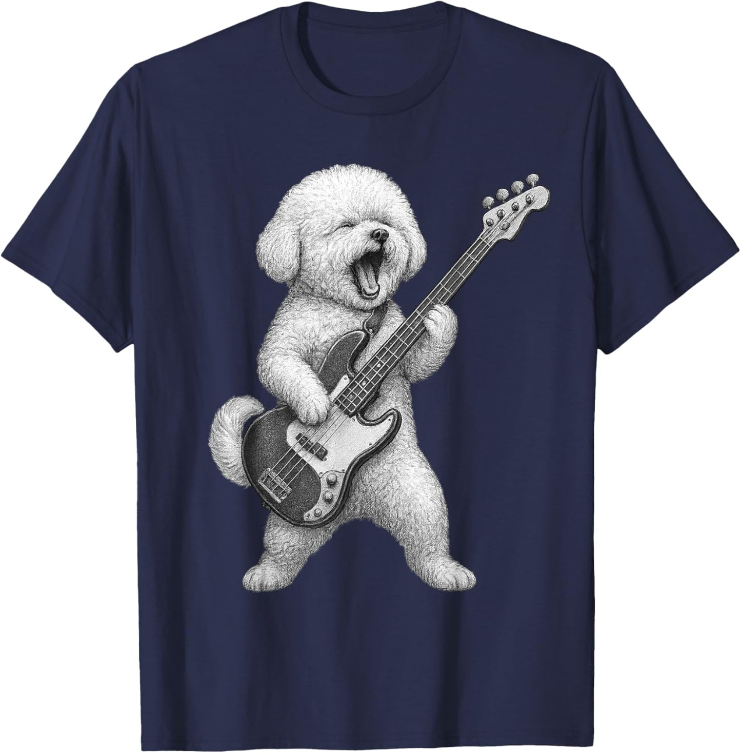 Bichon Frise Playing Bass Guitar Rock Music Dog Lover Men Women Kids T-Shirt - T-Shirt | Navy