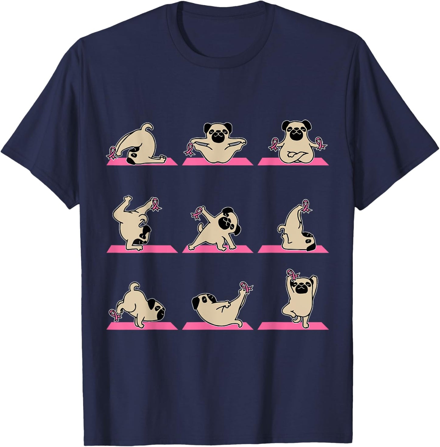 Pug Yoga Pink Ribbon Funny Dog Breast Cancer Awareness Gifts Women Kids T-Shirt - T-Shirt | Navy