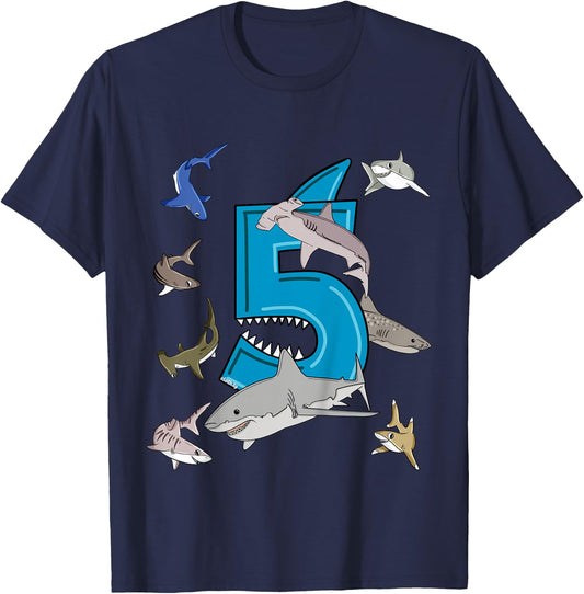 5th Birthday boys shark white shark T-Shirt - T-Shirt | Navy