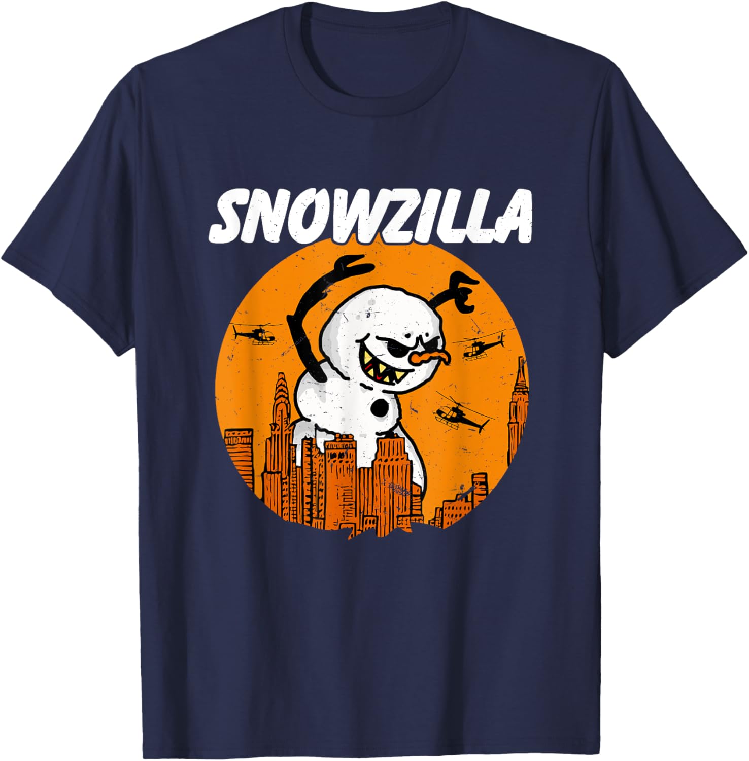 Snowzilla Japanese Monster Snowman Sunset Kaiju Christmas T-Shirt - T-Shirt | Navy