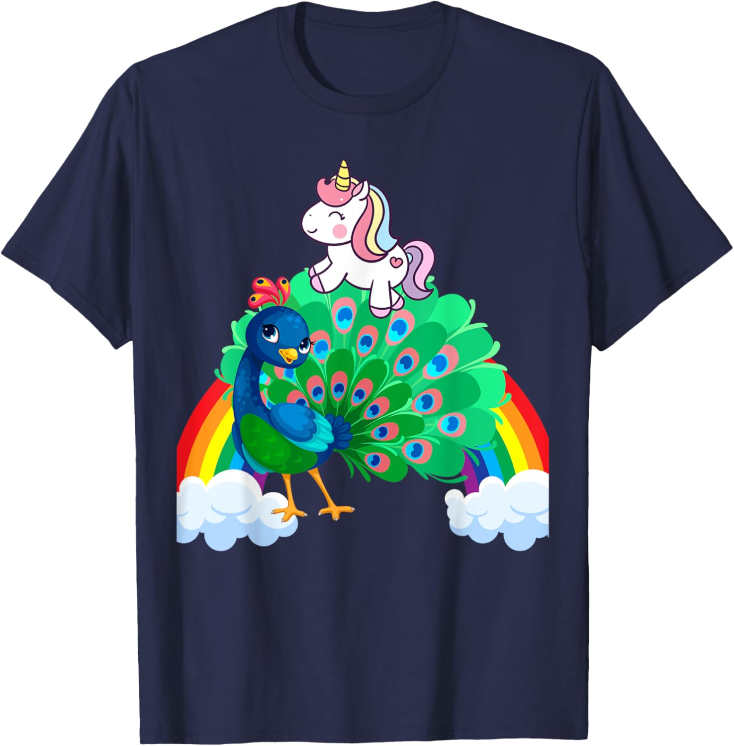 Unicorn Riding Peacock Boys Girls Men Women Kids Rainbow T-Shirt - T-Shirt | Navy