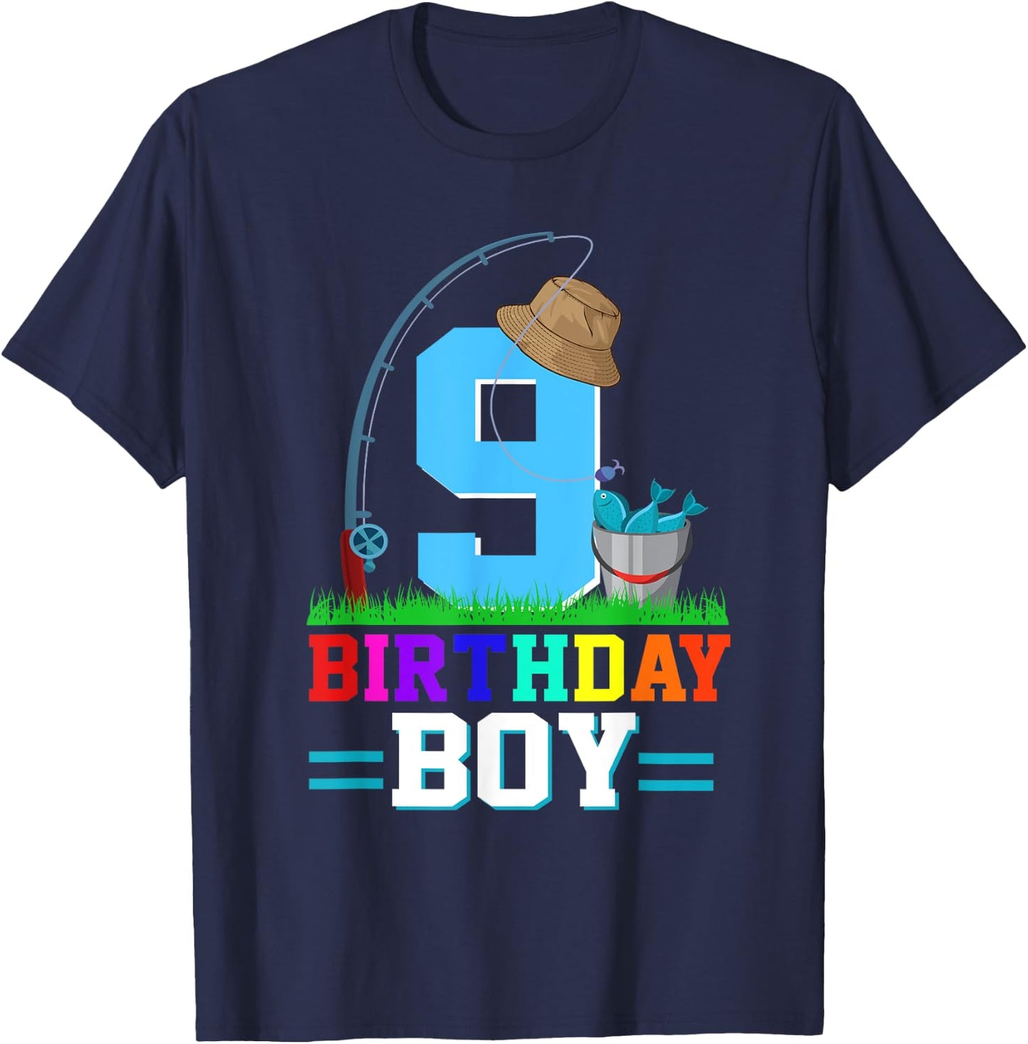9 Year Old Fishing 9th Birthday Boy Bday Party Decorations T-Shirt - T-Shirt | Navy